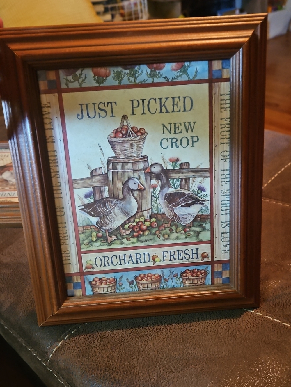 Vintage Brown Framed "Orchard Fresh" Farmhouse Print With Ducks